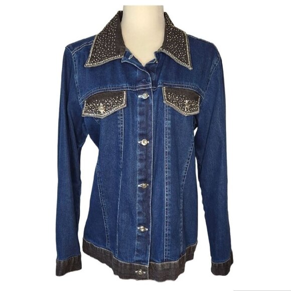 Vintage Y2K 2000s Quacker Factory Denim Jean Jacket Small Studded Collar Sequin - Picture 1 of 6